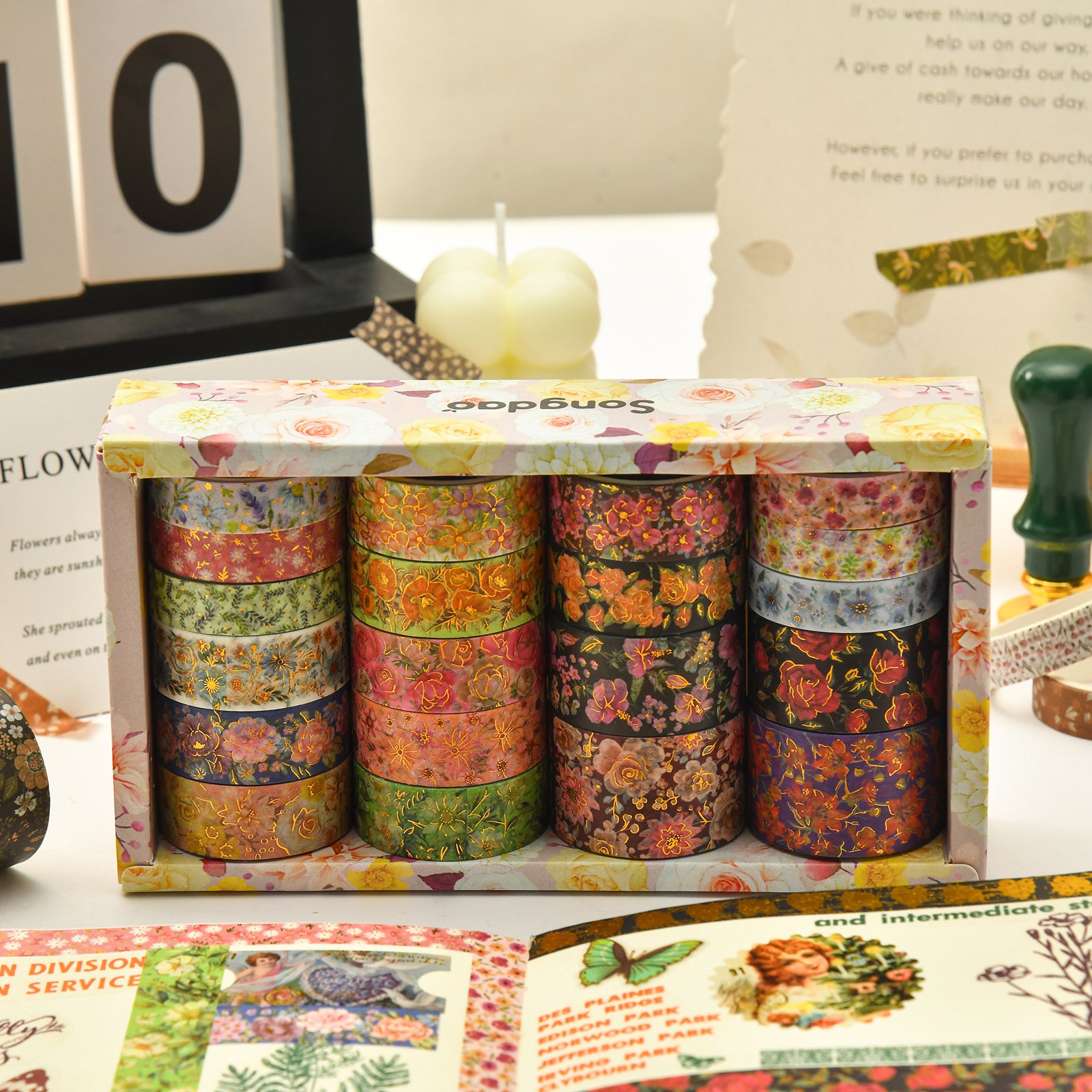 20 rolls/box Flower series hot stamping washi tape set Collage material stickers handbook tape
