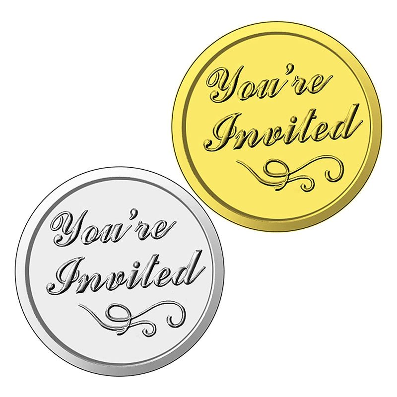 Gold You're Invited Round Embossed Foil Seals Aluminum Foil Sticker for Wedding Invitation Envelope Present Decor
