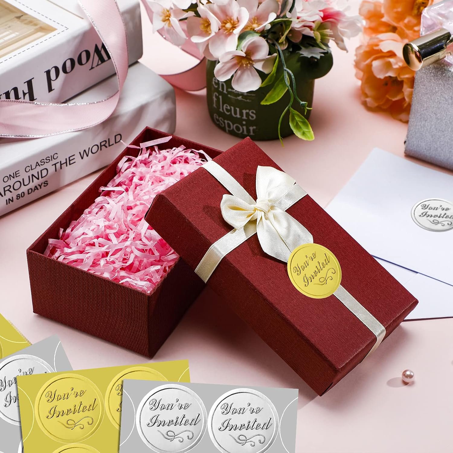 Gold You're Invited Round Embossed Foil Seals Aluminum Foil Sticker for Wedding Invitation Envelope Present Decor