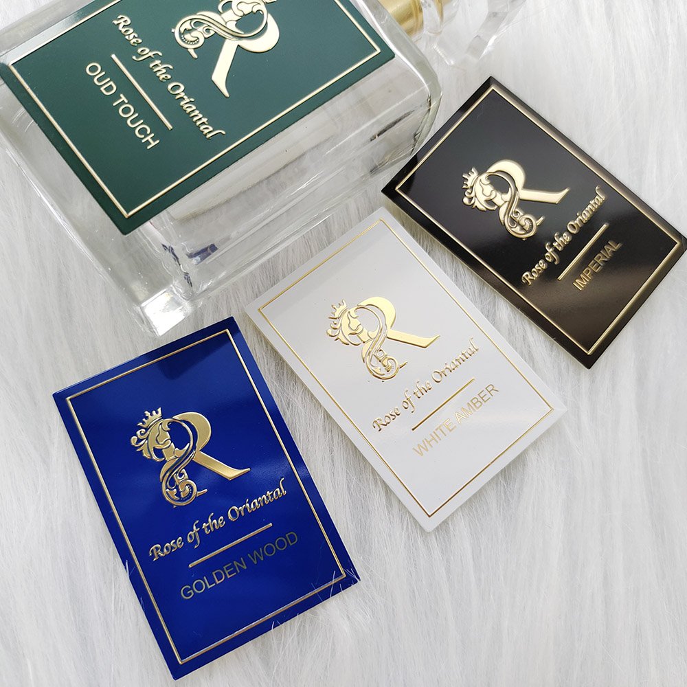 Custom golden aluminum Luxury Waterproof Logo Cosmetics Vinyl Label stickers perfume Lotion Bottle pavkaing