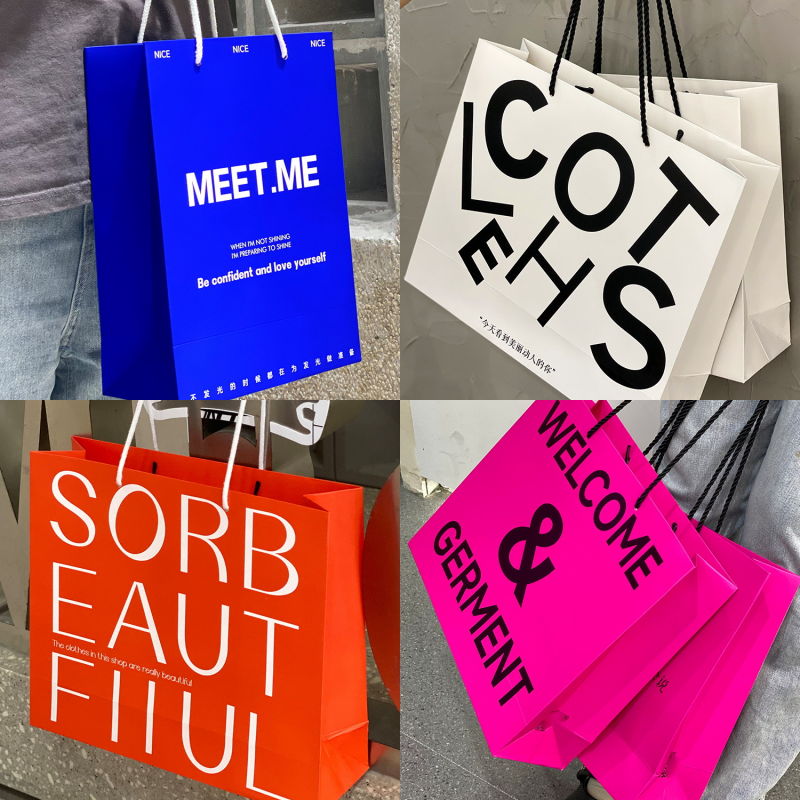 Colorful Printing Label Stickers Packaging Matte Paper Shopping Carrier Bags With Rope Handle