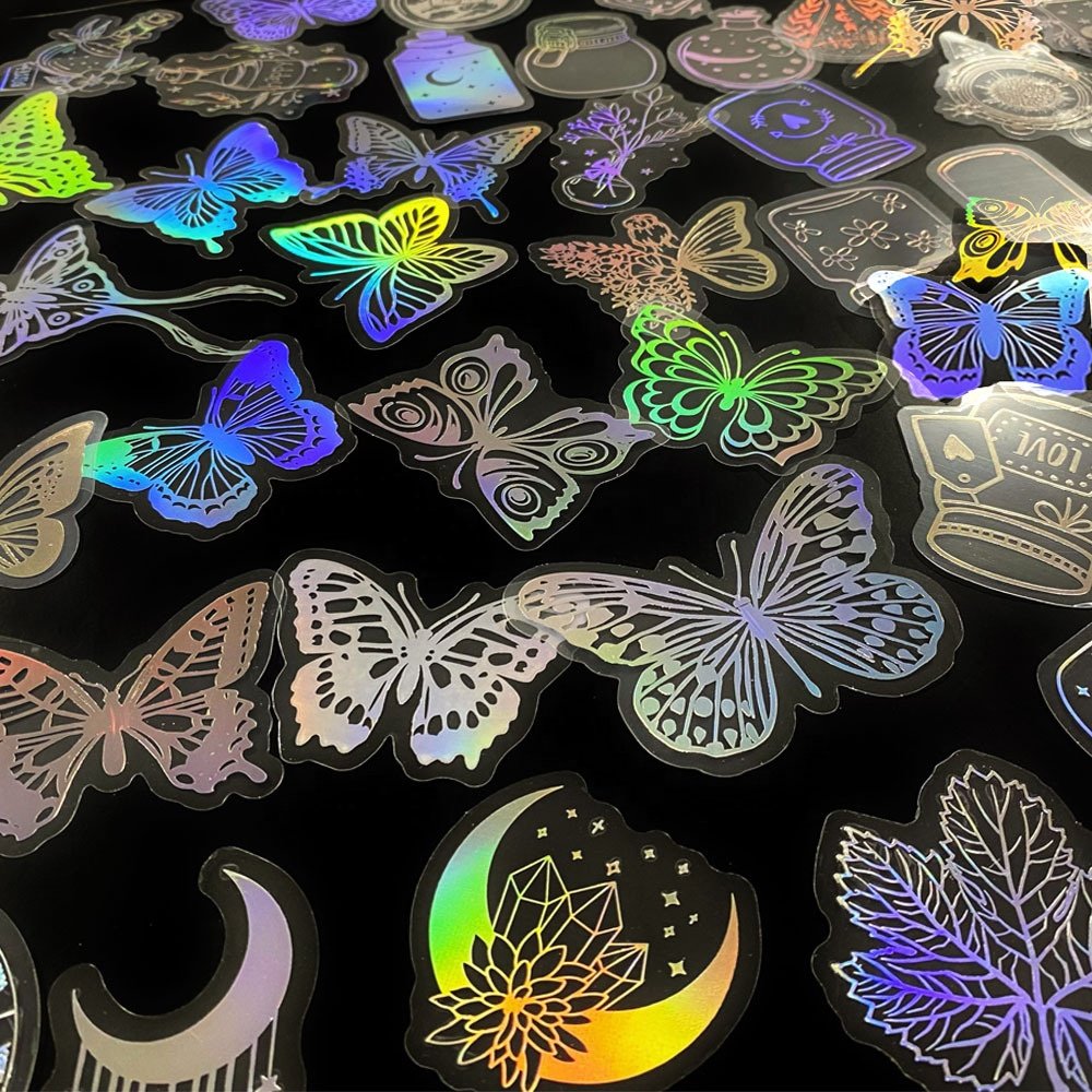 Top sale Holographic Laser Vinyl Sticker 50 pieces transparent butterfly Vintage diy decorative Adhesive Sticker pet sticker