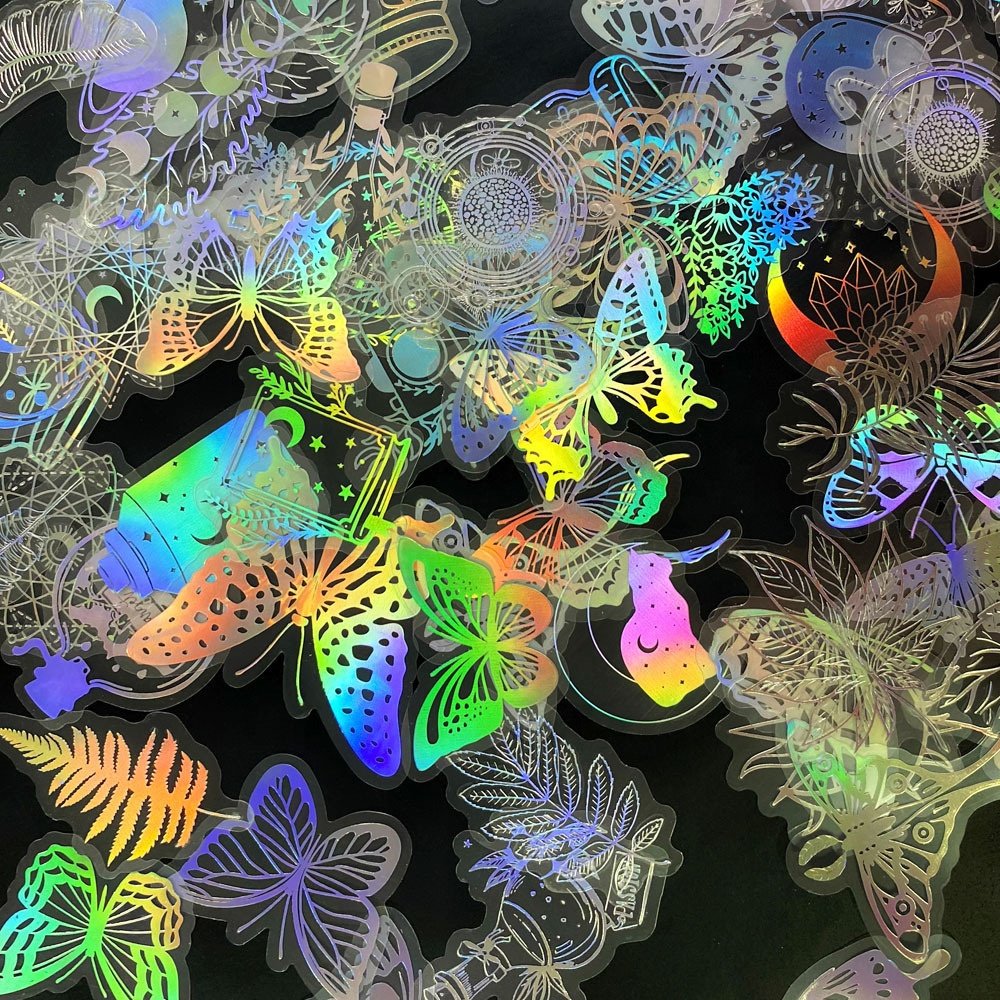 Top sale Holographic Laser Vinyl Sticker 50 pieces transparent butterfly Vintage diy decorative Adhesive Sticker pet sticker