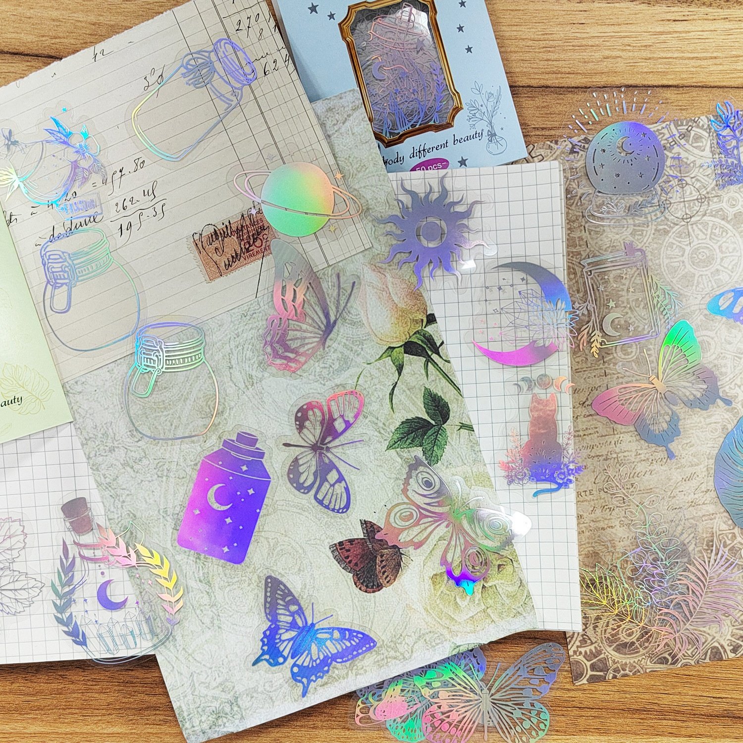 Top sale Holographic Laser Vinyl Sticker 50 pieces transparent butterfly Vintage diy decorative Adhesive Sticker pet sticker