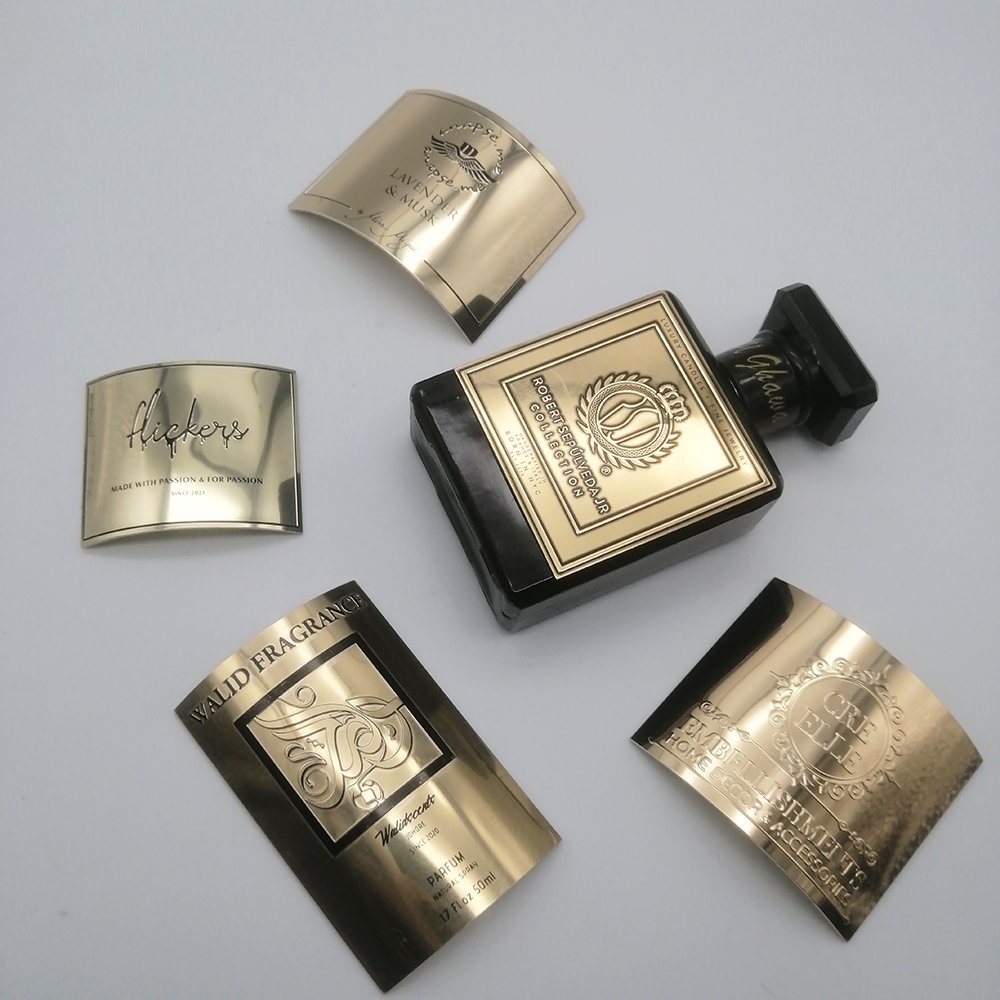 Brand sticker custom logo metal perfume private bottle label embossed gold aluminum perfume stickers with logo custom printing
