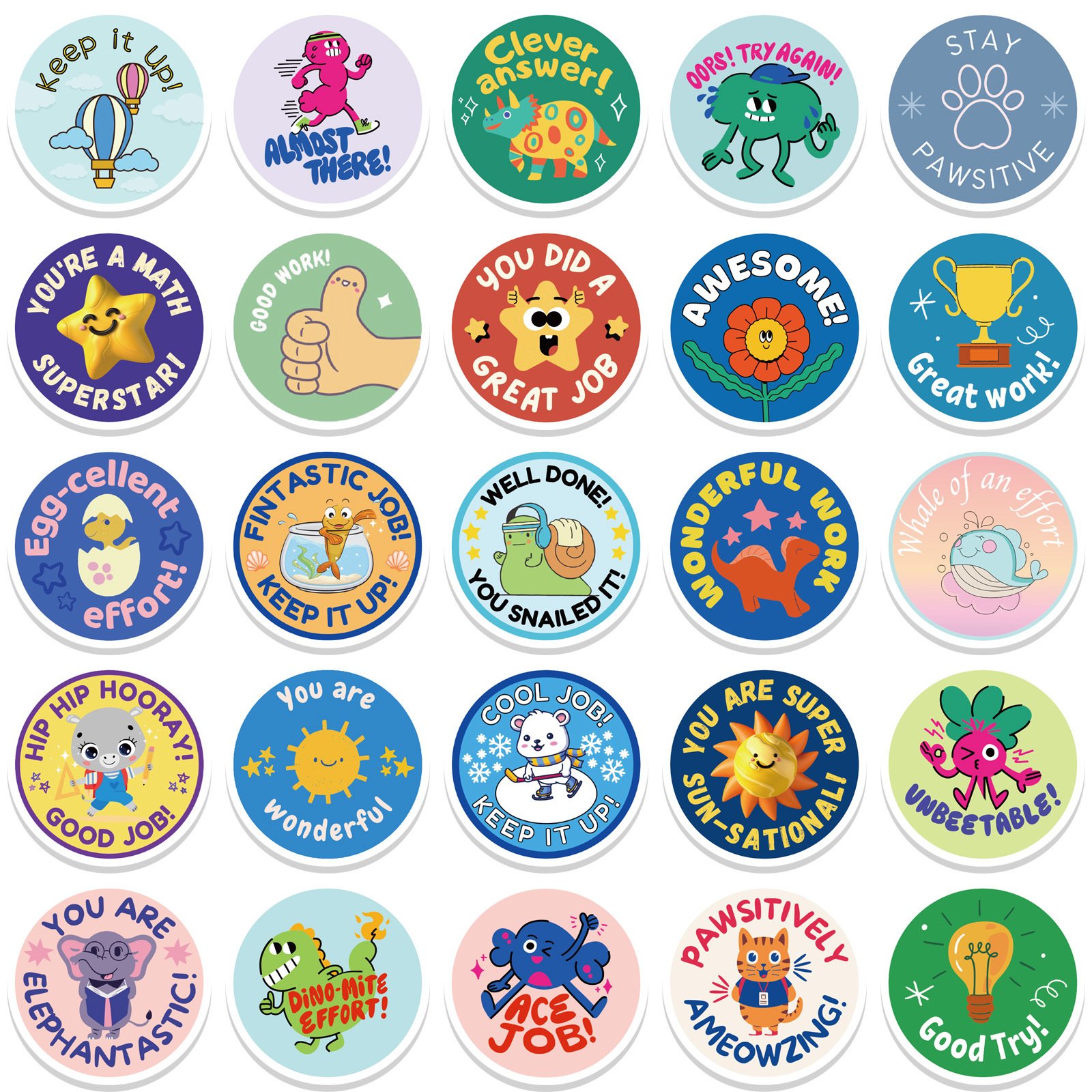 50PCS Round cartoon encouraging word animals kids reward stickers