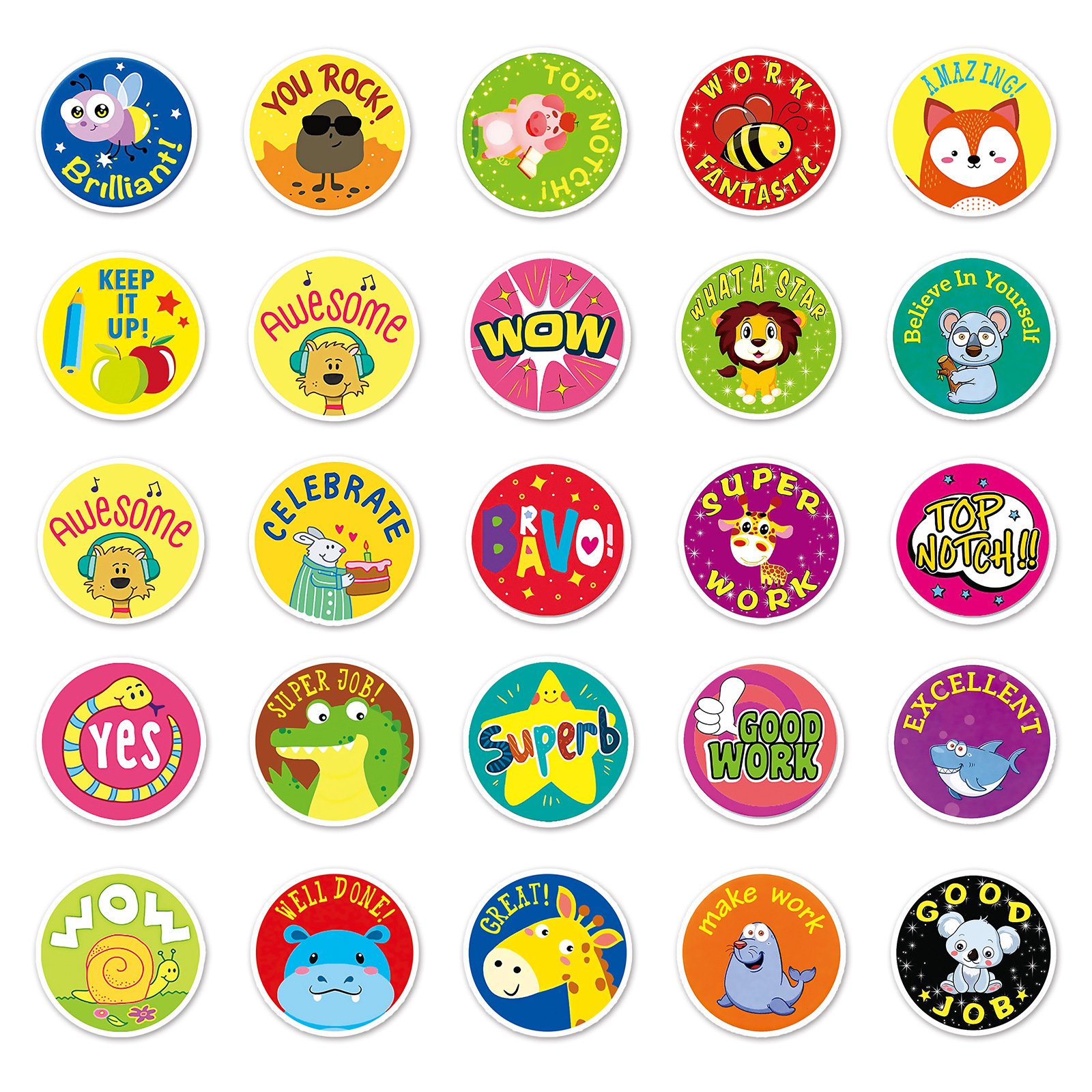 50PCS Round cartoon encouraging word animals kids reward stickers