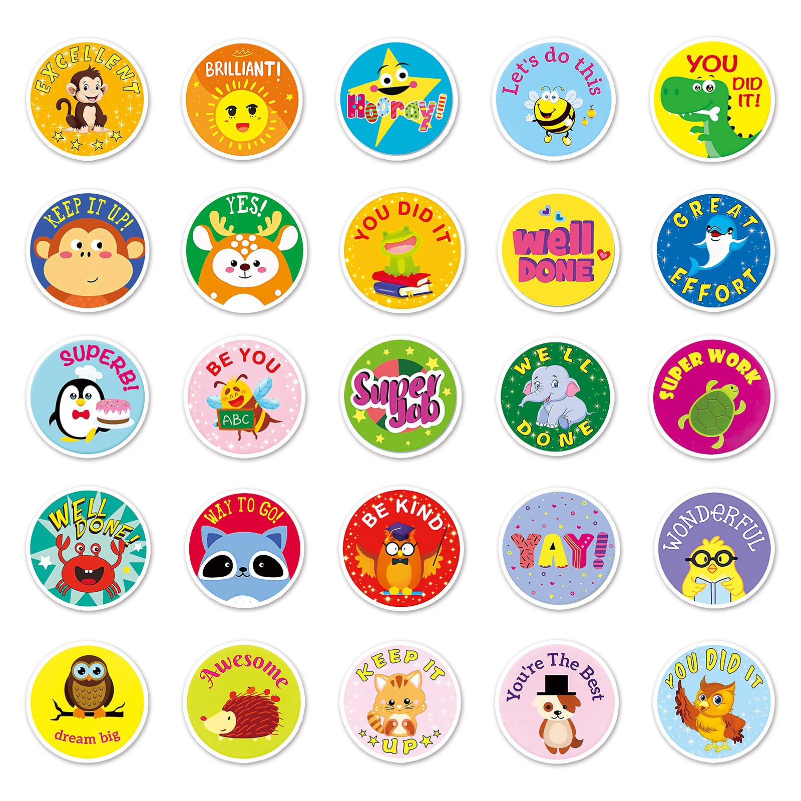 50PCS Round cartoon encouraging word animals kids reward stickers