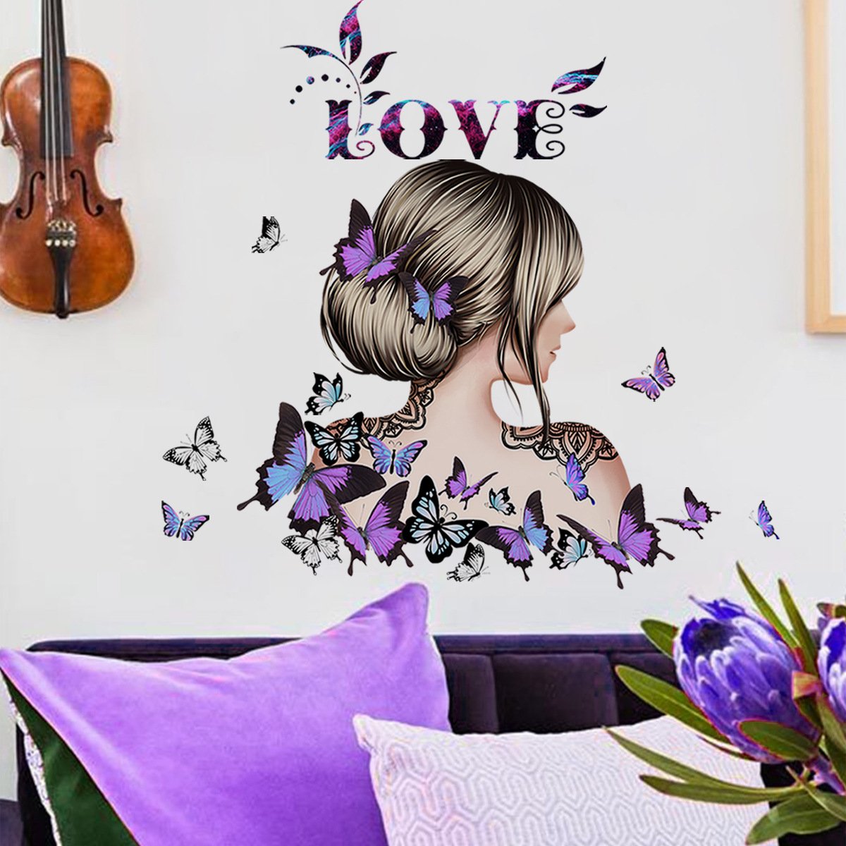 girls bedroom decoration purple butterfly love wall sticker