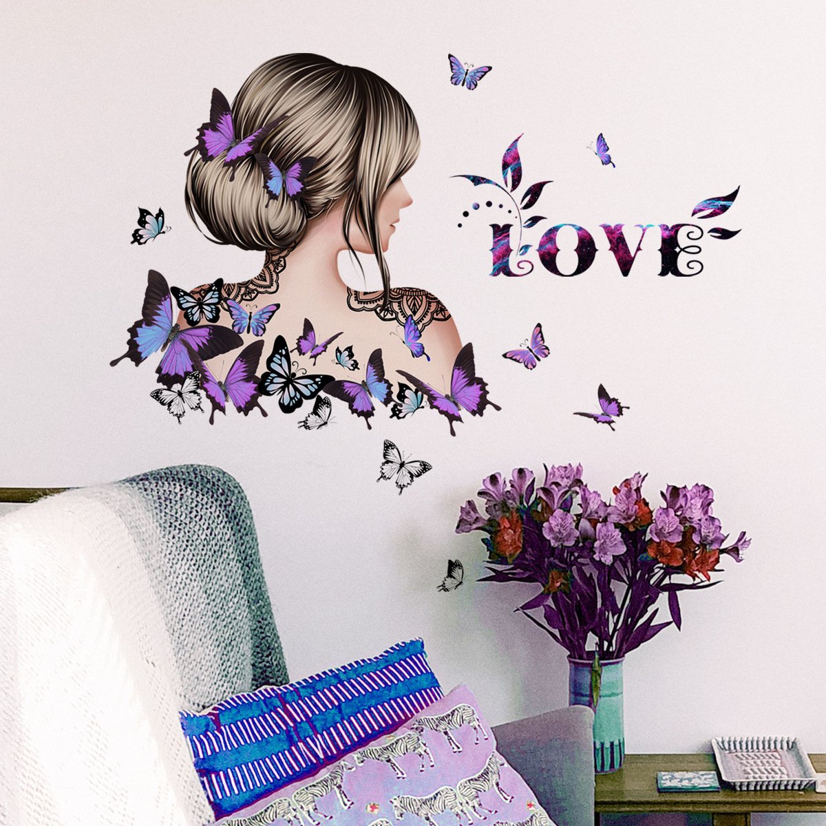 girls bedroom decoration purple butterfly love wall sticker