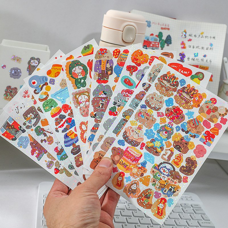 Custom Kawaii Cartoon Sticker Vinyl Waterproof Kiss Cut Holographic Glitter Sticker Decorative Stationary Sticker Sheet