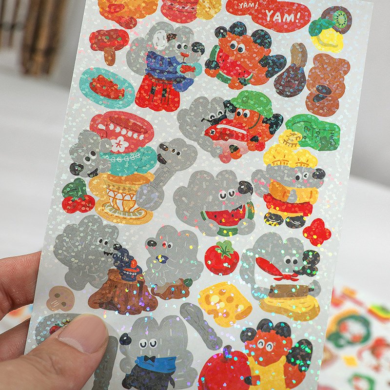 Custom Kawaii Cartoon Sticker Vinyl Waterproof Kiss Cut Holographic Glitter Sticker Decorative Stationary Sticker Sheet