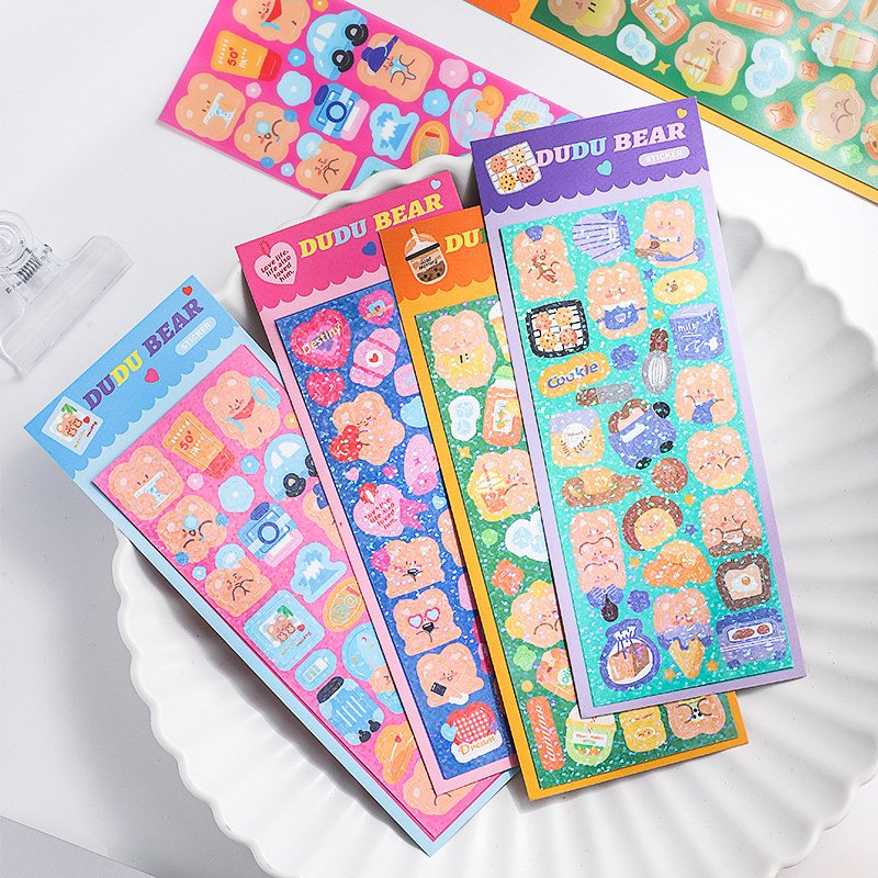 Custom Kawaii Cartoon Sticker Vinyl Waterproof Kiss Cut Holographic Glitter Sticker Decorative Stationary Sticker Sheet