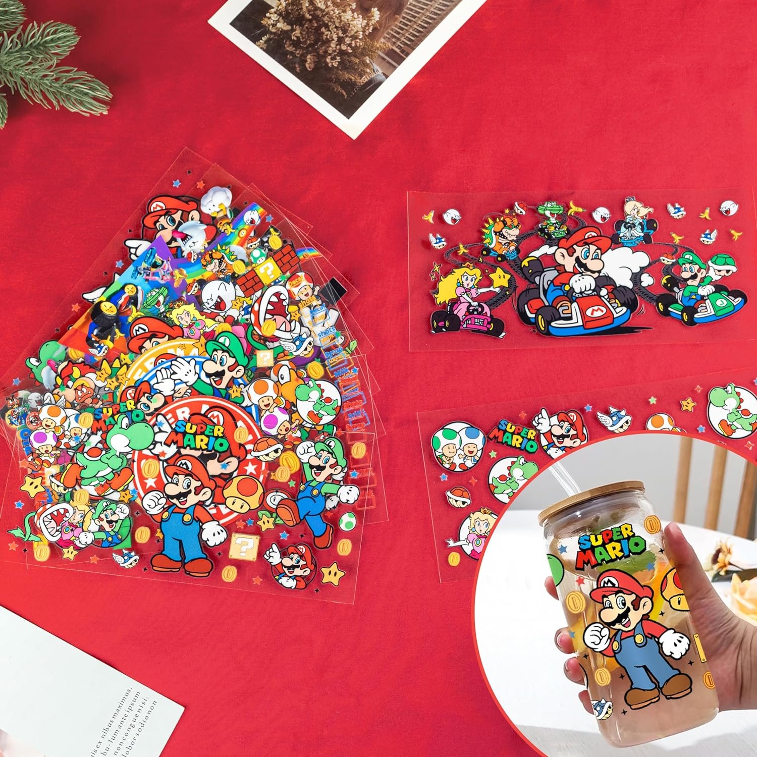 Super Mario UV DTF Cup Wrap Transfer Stickers for 16oz Libbey Glass Cups Rub on Transfers for Crafting Cup Decal Stickers