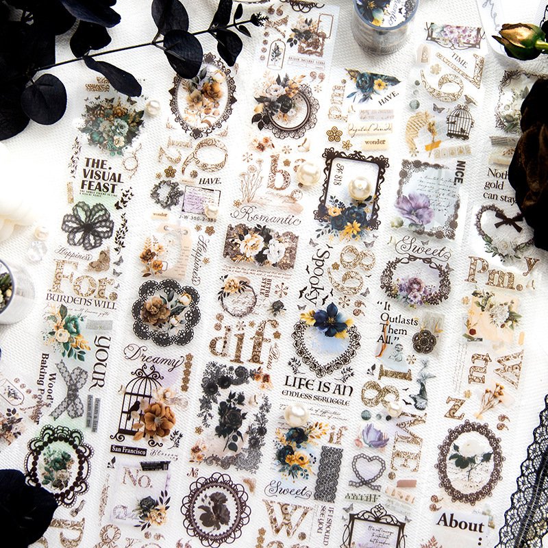 2M/Roll Pet Tape Lace Dark Night Song Series DIY Journal Decorative Source Material Loop Stickers 6 Options