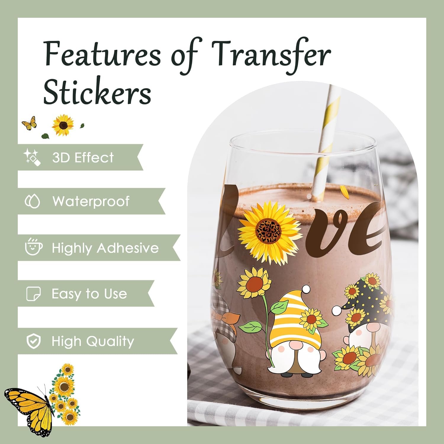 UV DTF Cup Wrap for 20oz Sunflower Gnome Sunshine Transfer Stickers for Cup Butterfly for Tumblers Guitars Coffee Mug Decoration
