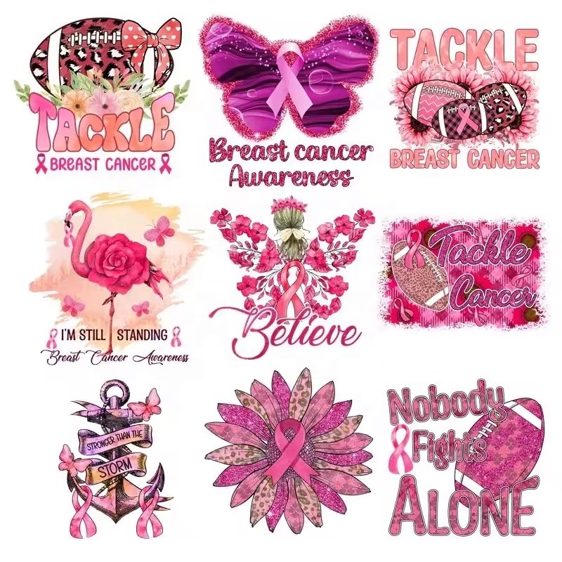 38 Breast Cancer Transfer Sticker Ready to Press Awareness Ribbon Digital DTF Printing Heat T Shirt Transfer iron on Patches