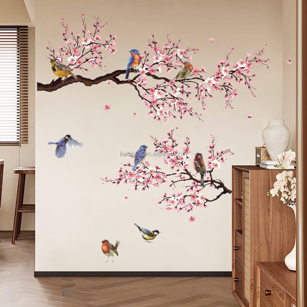 Branches Birds Peach Blossoms Wall Sticker Chinese style peach blossom branches Decals Living Room Decorative Wallpaper
