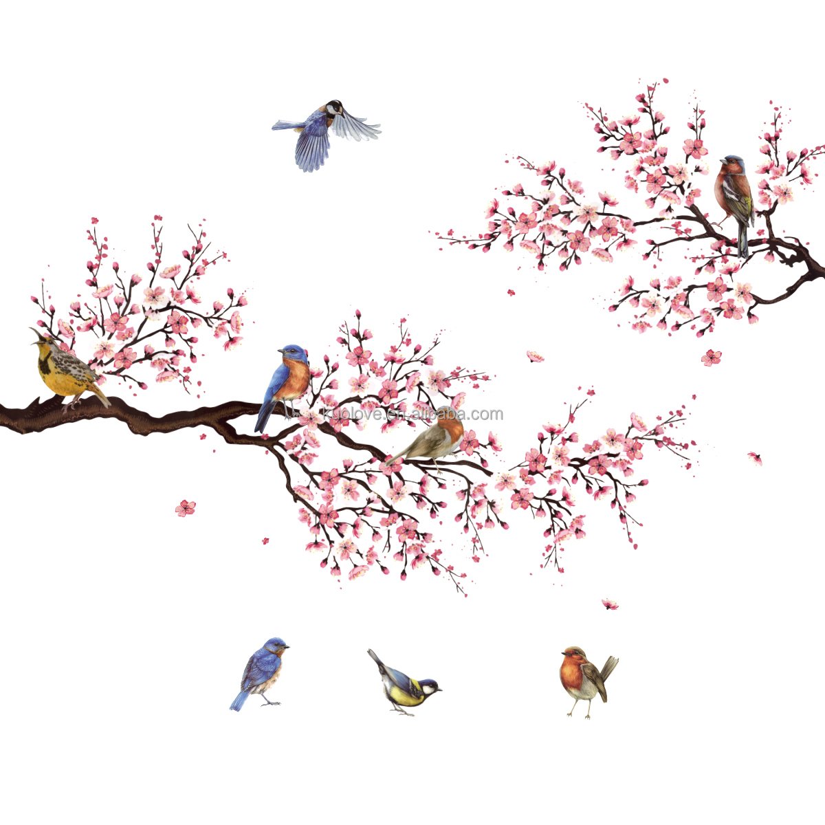 Branches Birds Peach Blossoms Wall Sticker Chinese style peach blossom branches Decals Living Room Decorative Wallpaper
