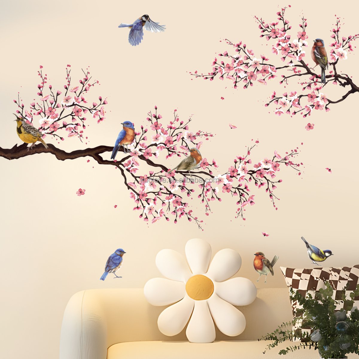 Branches Birds Peach Blossoms Wall Sticker Chinese style peach blossom branches Decals Living Room Decorative Wallpaper