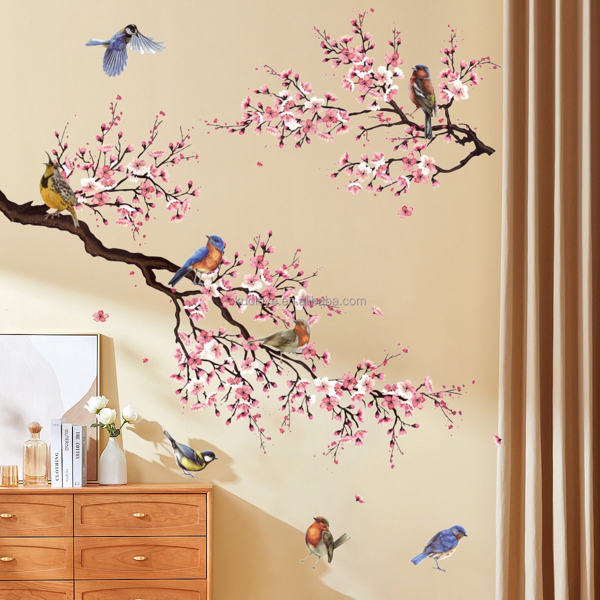 Branches Birds Peach Blossoms Wall Sticker Chinese style peach blossom branches Decals Living Room Decorative Wallpaper
