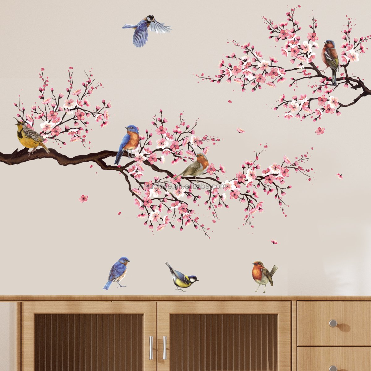 Branches Birds Peach Blossoms Wall Sticker Chinese style peach blossom branches Decals Living Room Decorative Wallpaper
