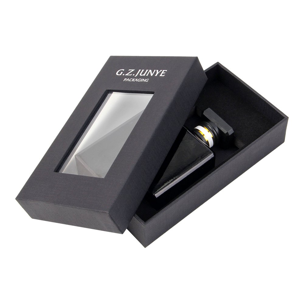 customized small luxury paper perfume box design making custom small black cardboard box with clear window