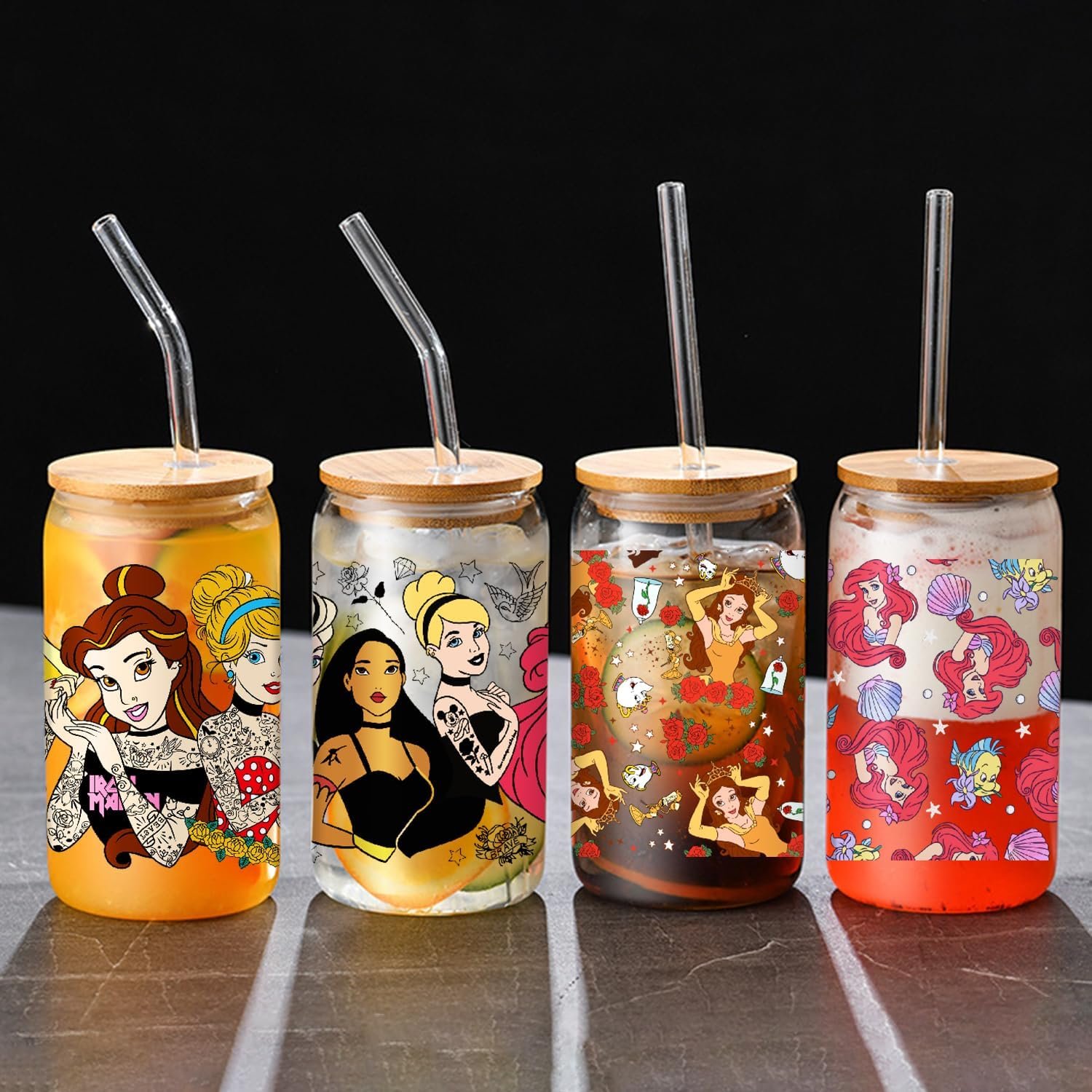 Cartoon Princess UV DTF Cup Wrap Transfer Stickers for 16oz Anime Theme Rub on Transfers Stickers for 16oz Libbey Glass Cups
