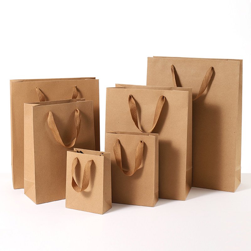 Wholesale Custom Logo Kraft Brown Paper Flower Packaging Shopping Clothes Small Gift Bag With Handles