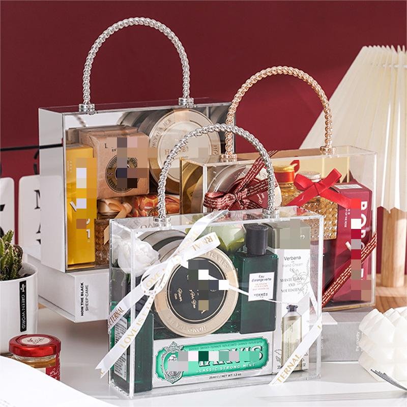 Factory wholesale acrylic gold hand gift box silver handle gift box wedding candy box