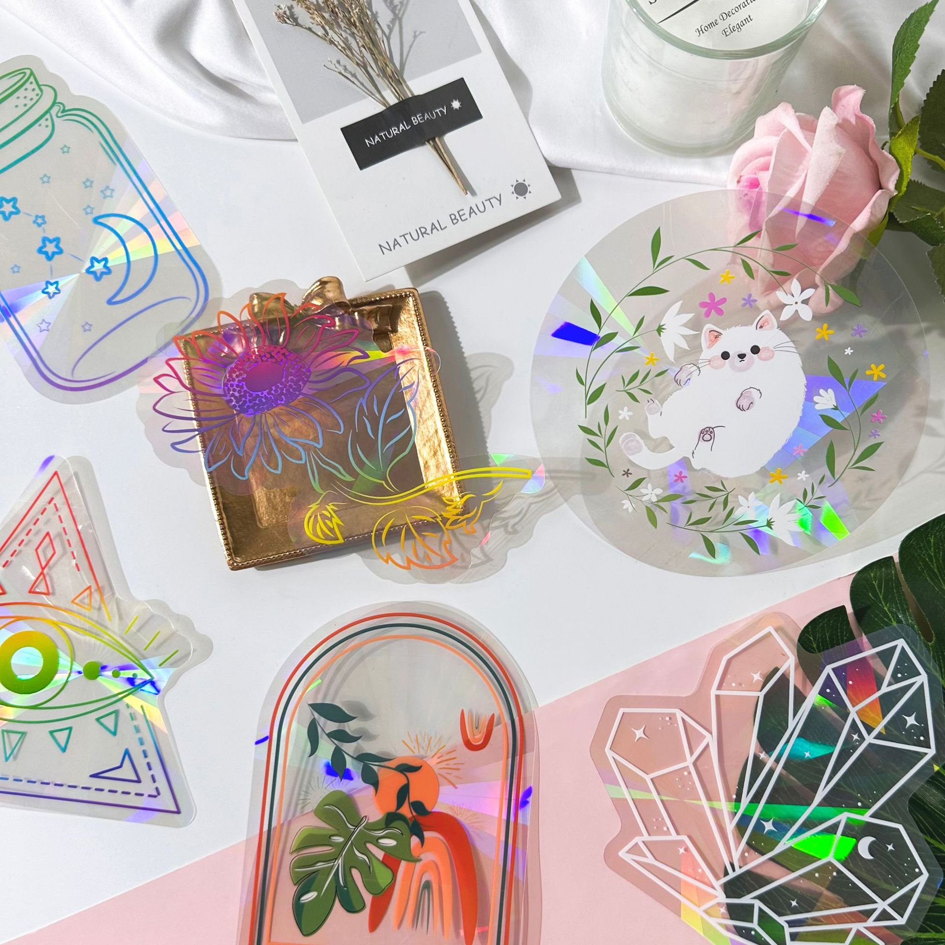 Custom Static Pvc Cling Transparent Anti Collision Glass Sticker Home Decoration Adhesive Laser Suncatcher Window Stickers