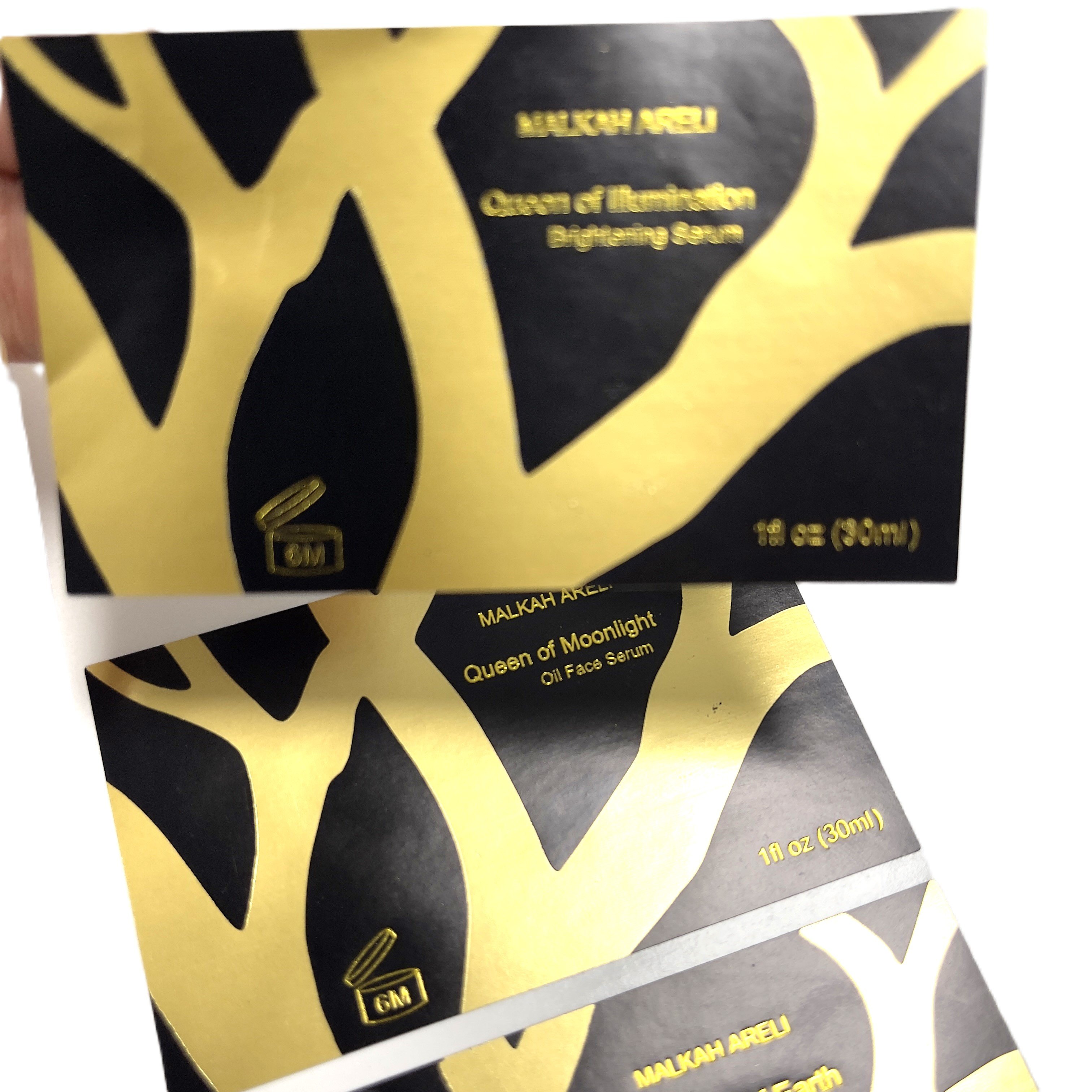 Customized cosmetics packaging labels with gold and silver stickers