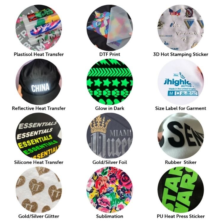 TUOCHENG Factory Custom DTF Heat Transfer Vinyl Logo Printing Sticker New Designs Hot Stamp Ready to Press Iron on Labels Decals