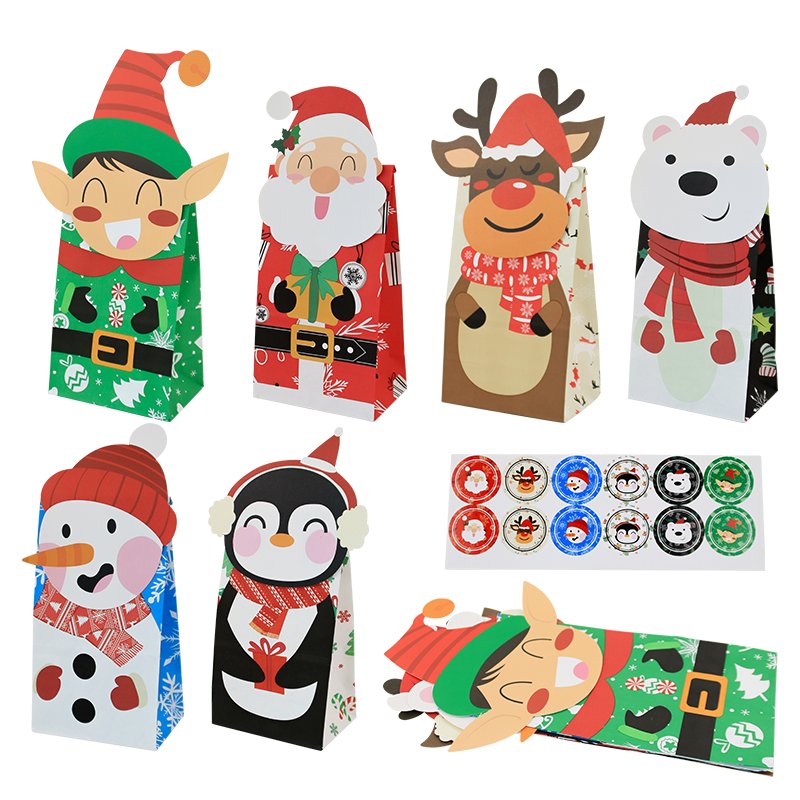 12pcs Christmas Gift Bags Xmas Cartoon Character Printed Paper Treat Stickers Candy Goody Bags Food Party Favors Holiday Party