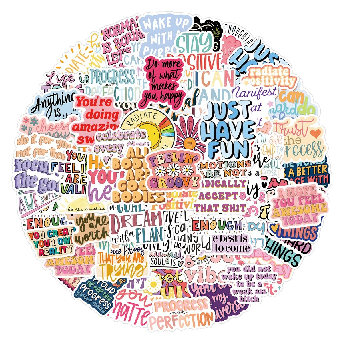 110Pcs Cute Colorful Positivity Inspirational English Sticker Pack For Girl Children Notebook Scrapbooking Cup Phone