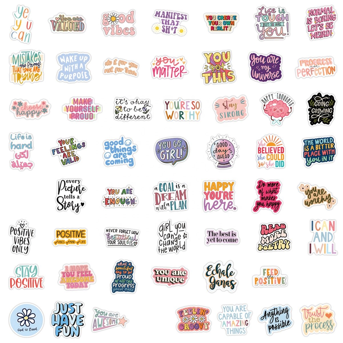 110Pcs Cute Colorful Positivity Inspirational English Sticker Pack For Girl Children Notebook Scrapbooking Cup Phone
