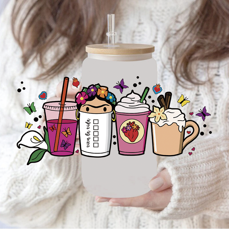 Custom High Quality UV DTF Cup Wraps Waterproof Press-On Sticker for 16oz 20oz Libbey Glass Mugs Coffee Cups Tumblers
