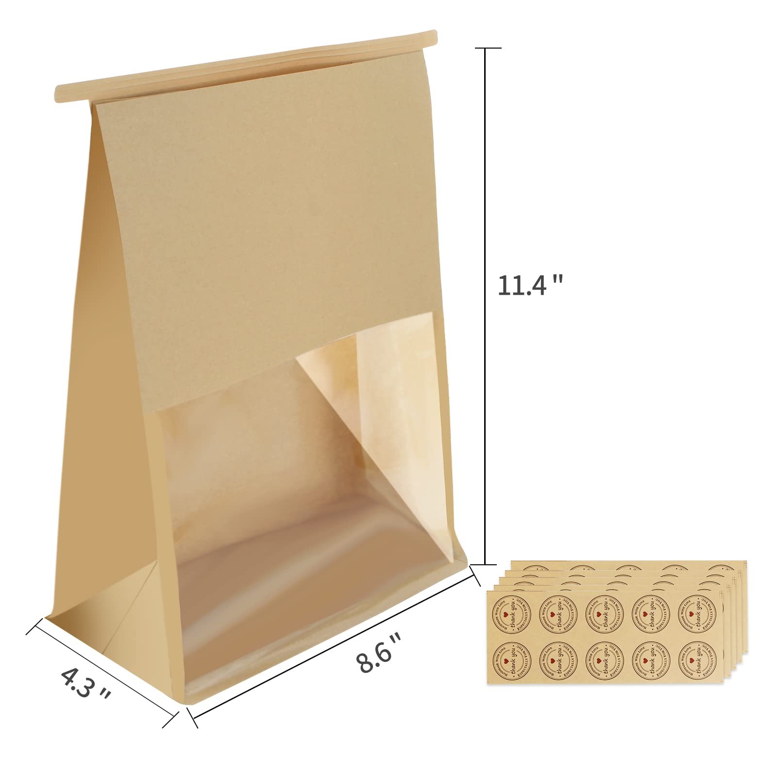 Custom Sticker Design Square Flat Bottom Food Grade Brown Bread Bakery Packaging Kraft Paper Bag with Half Window