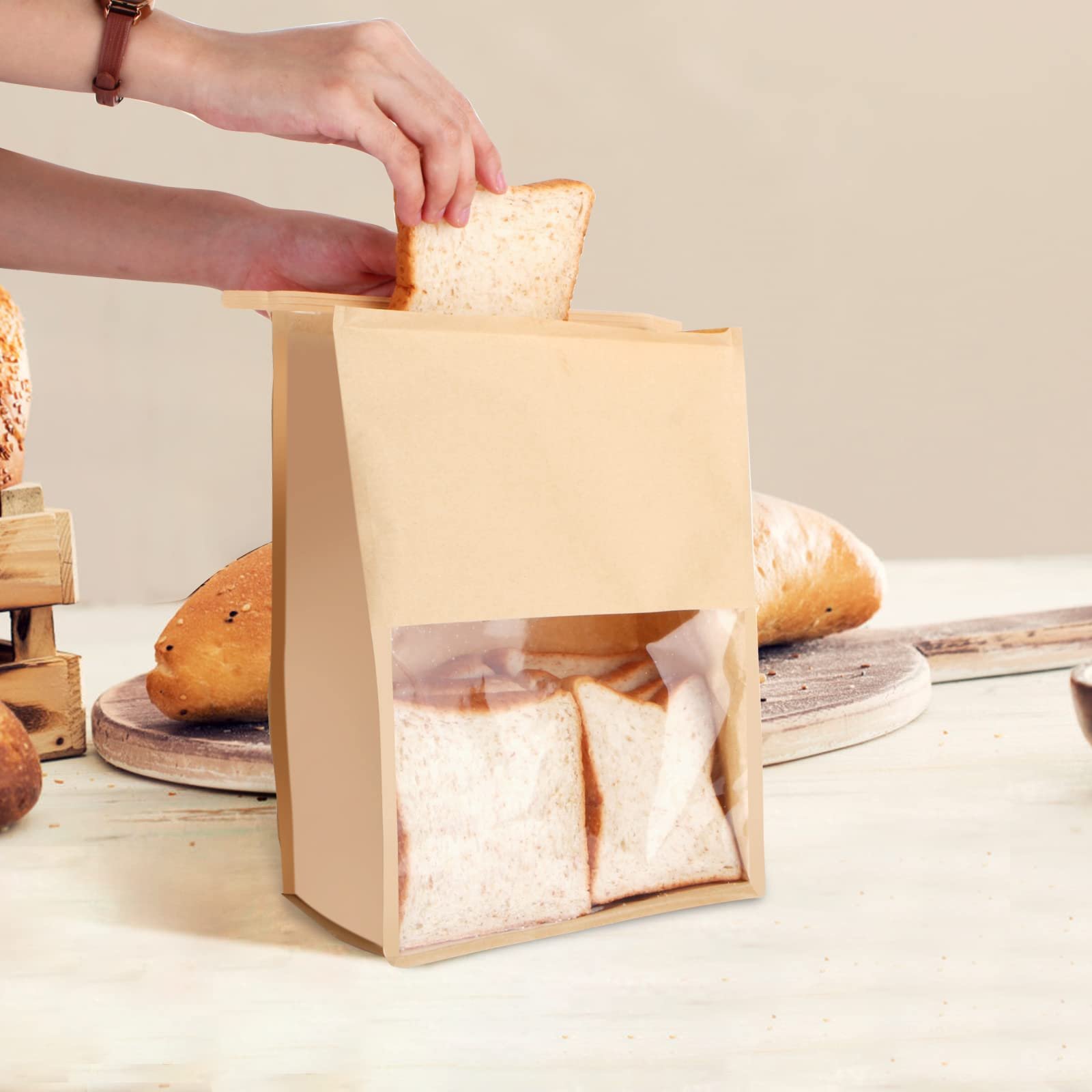 Custom Sticker Design Square Flat Bottom Food Grade Brown Bread Bakery Packaging Kraft Paper Bag with Half Window