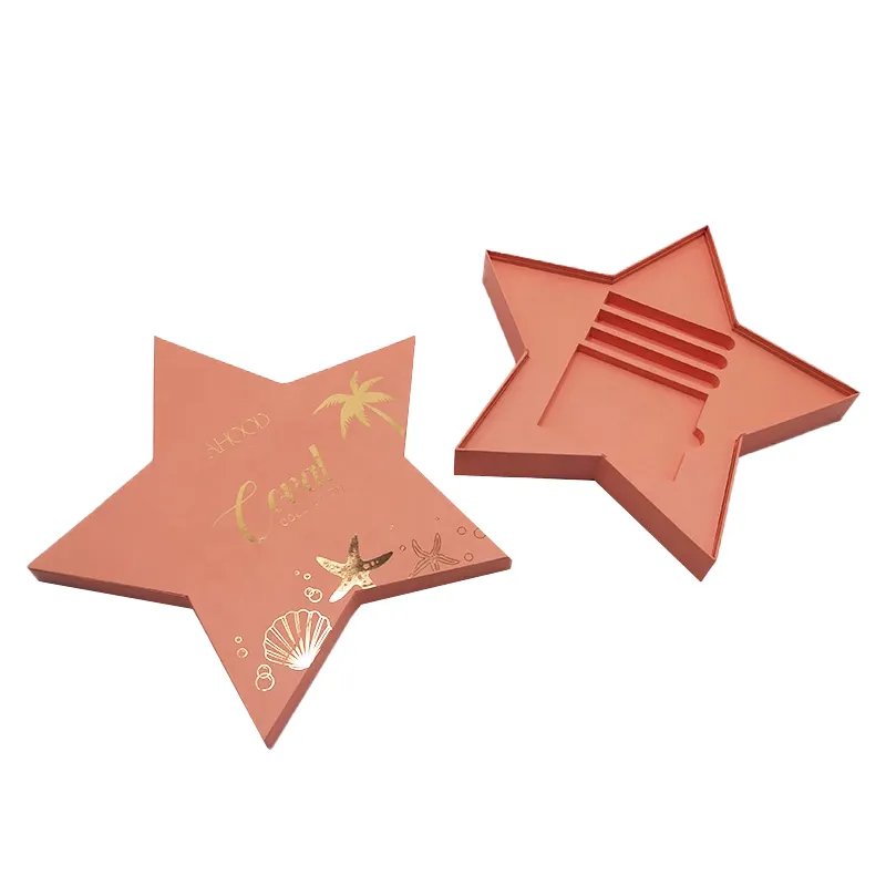 Luxury pink five-pointed star lipstick gift box rigid with eva insert and stickers for cosmetics and makeup beauty products pack