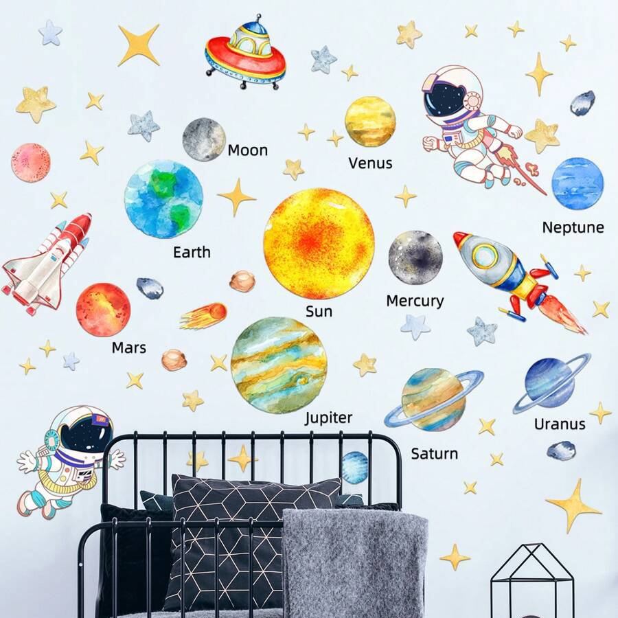 kids room cartoon solar system rocket space sheet wall sticker for home decor