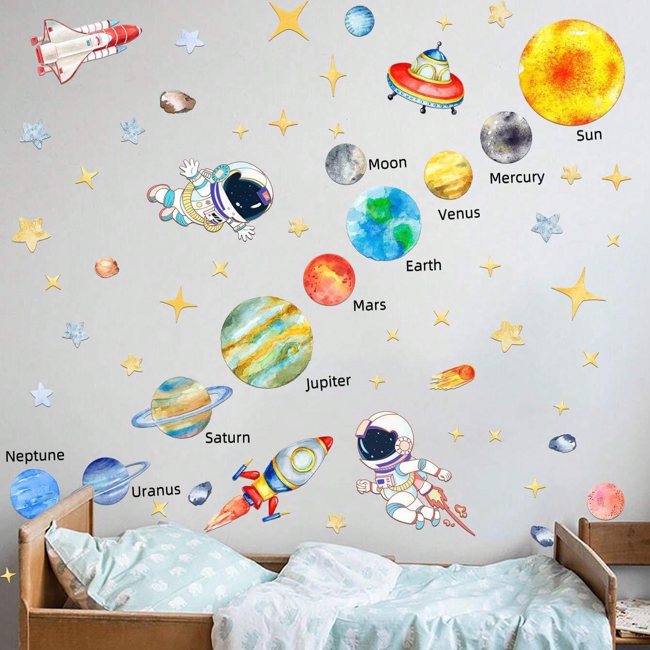 kids room cartoon solar system rocket space sheet wall sticker for home decor
