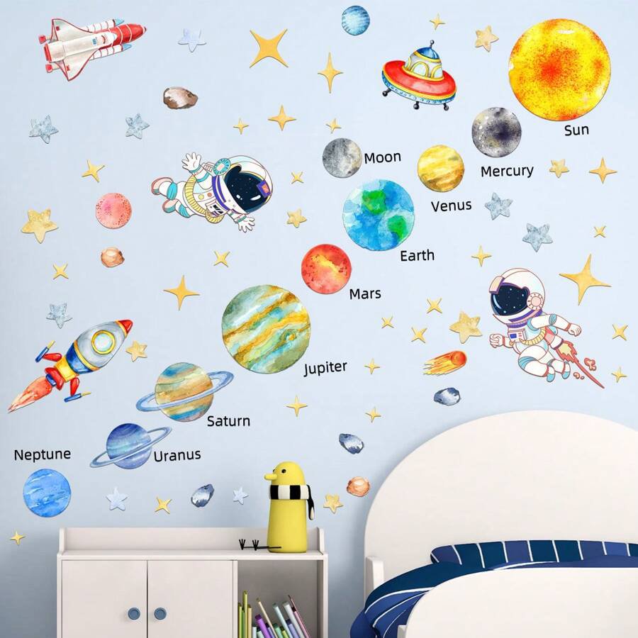 kids room cartoon solar system rocket space sheet wall sticker for home decor