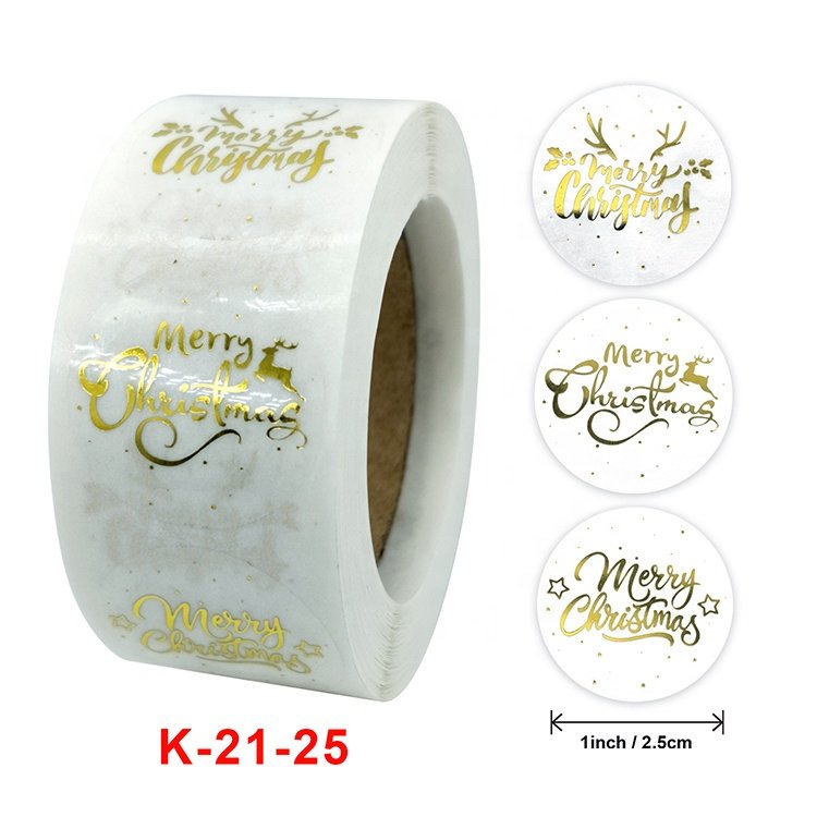 Transparent custom merry Christmas printing gold foil roll seal 1 inch stickers logo label 500 for gift