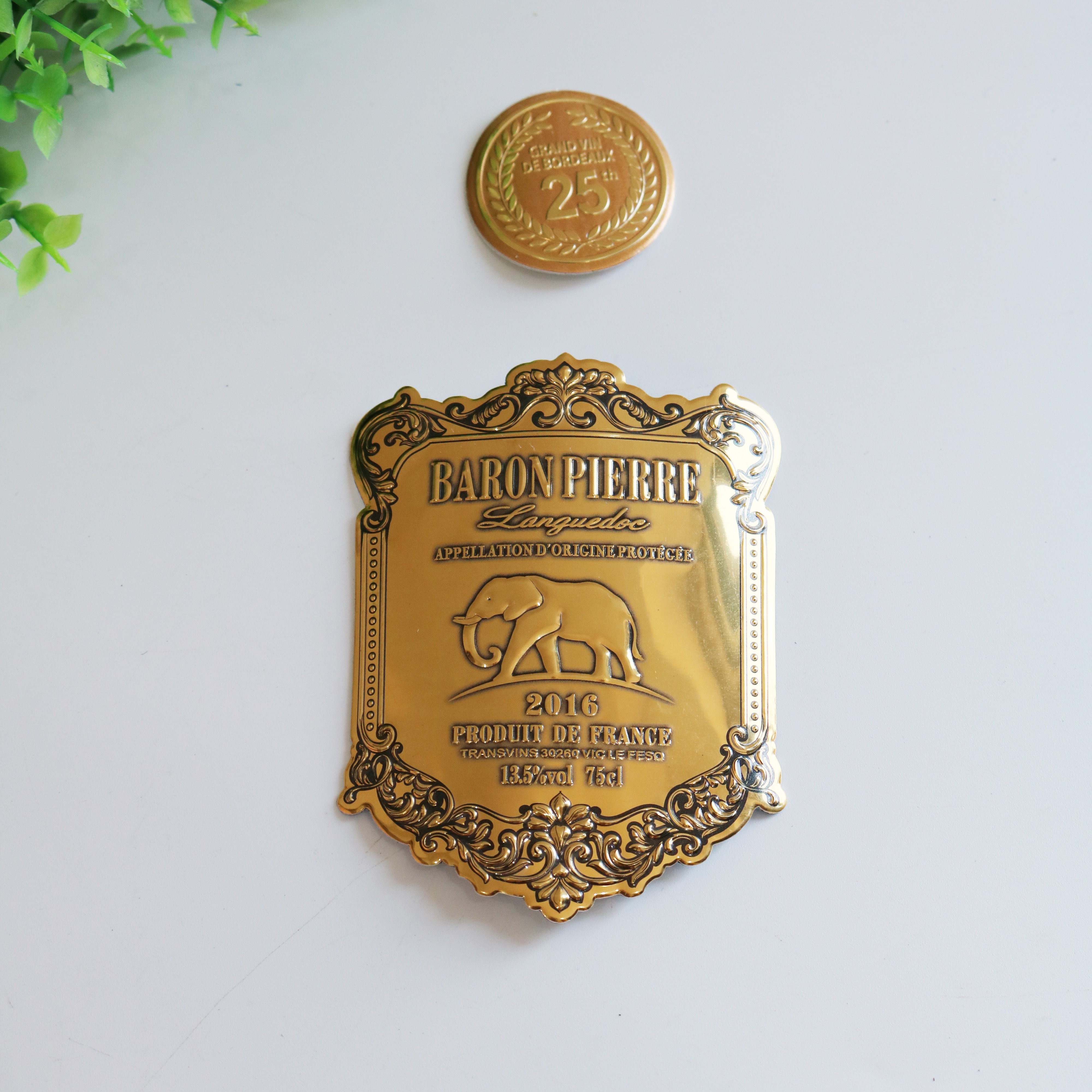 High Quality Self Adhesive Gold Embossed Metal Wine Label Red Wine Bottle Label Sticker