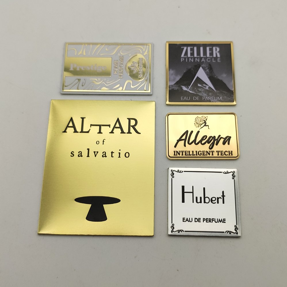 Custom cosmetics fragrance perfume private foil metal label new design logo perfume debossed metal labels