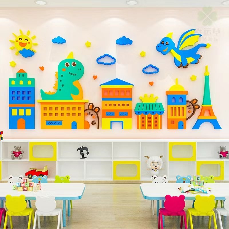 Cartoon Dinosaur City Town 3D Wall Sticker Acrylic Self adhesive Waterproof Sticker Bedroom Kindergarten Decoration