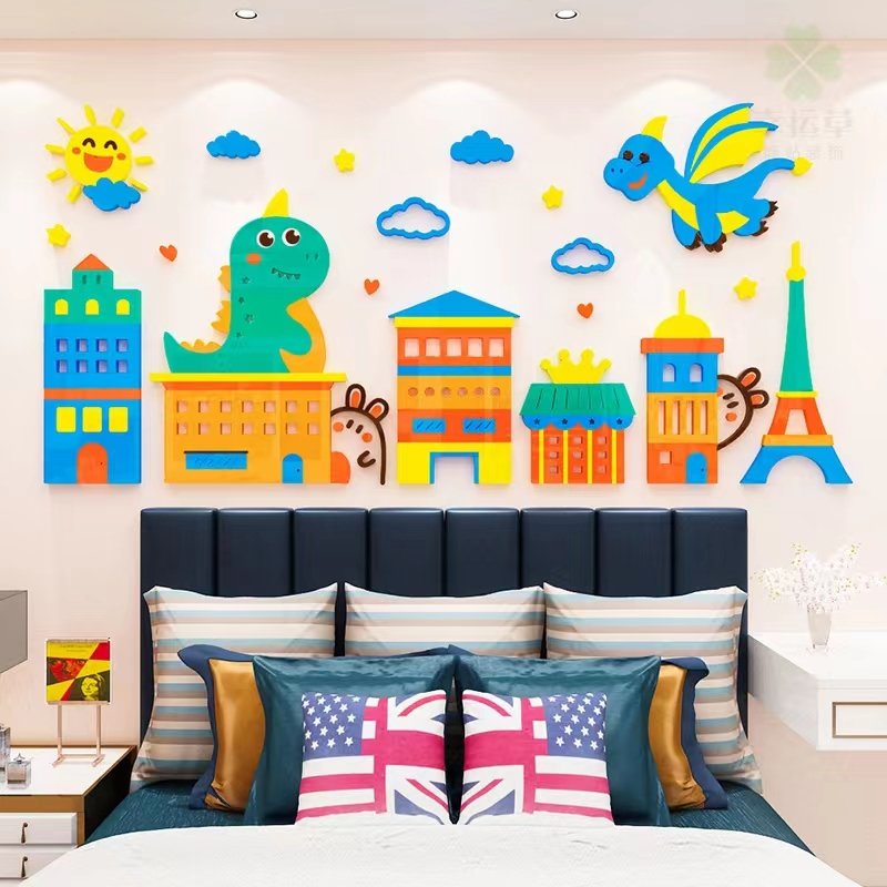 Cartoon Dinosaur City Town 3D Wall Sticker Acrylic Self adhesive Waterproof Sticker Bedroom Kindergarten Decoration
