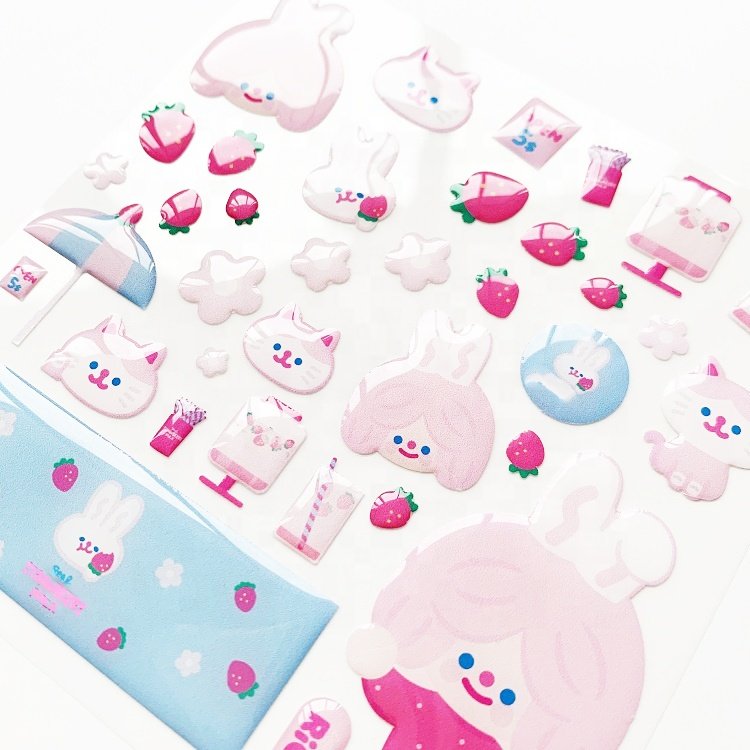 Fashion Custom Size A6 A5 Kiss Cut High Quality 3D Epoxy Sticker Sheets Printing Adhesive Domed Stickers For Phone Case Decor