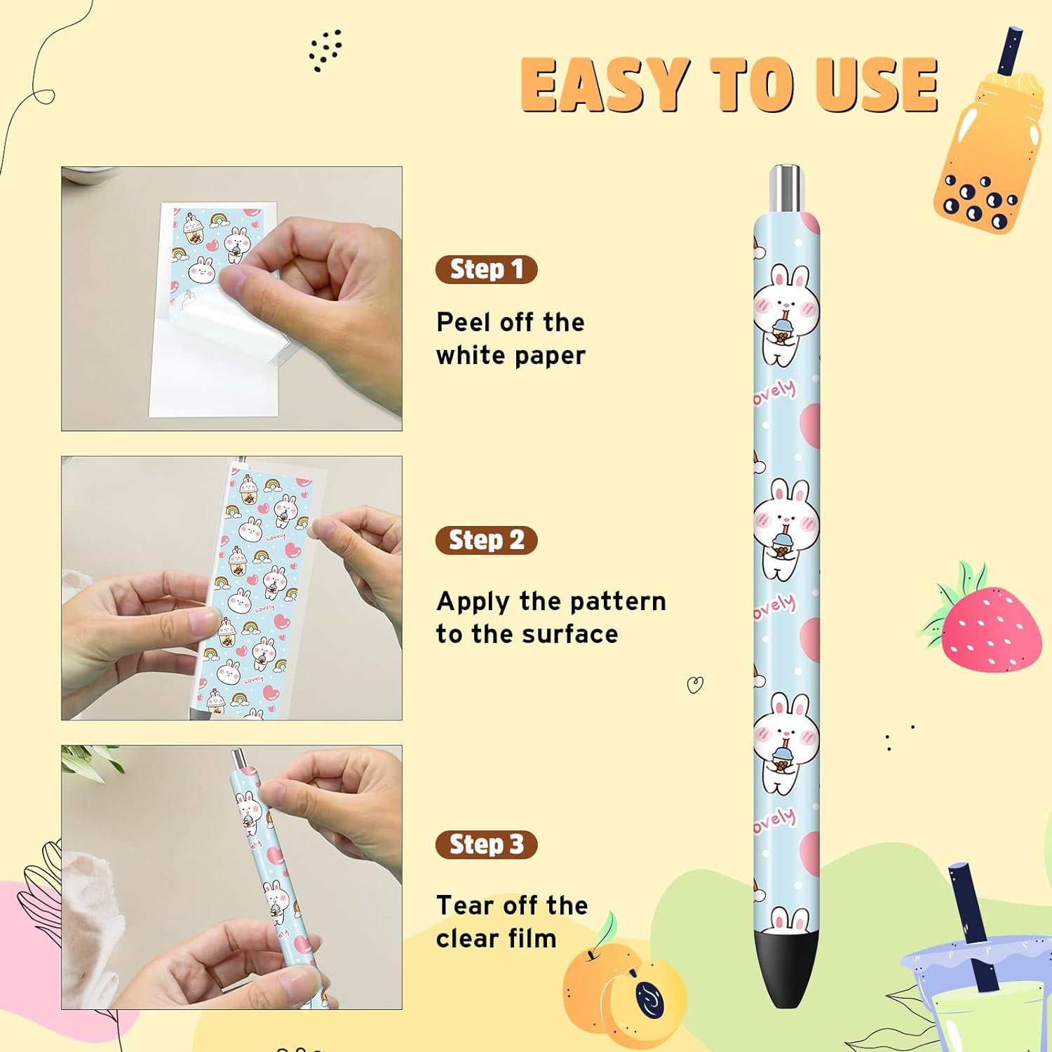 UV DTF Pen Wrap Bubble Tea Cute Bunny Dog Cat Stickers for Pen Milk Tea Decals Waterproof UV DTF Transfer Stickers for DIY Pen